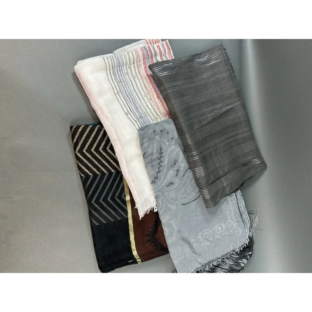Lot of 4 Women's Fashion Scarves Wraps Assorted Lightweight Fringe Sheer Gray